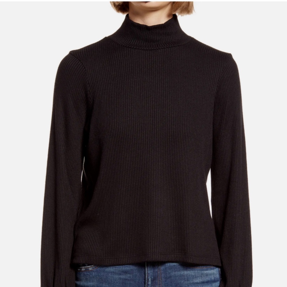 Madewell Black Ribbed Mock Neck with Cinched Bubble Sleeve | Size M